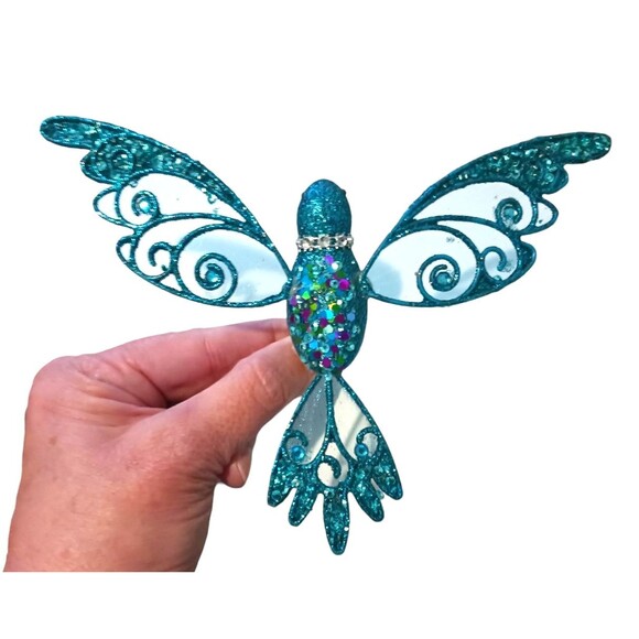 Vtg Set 4 Blue Glitter Sequin Hummingbird Clip On Christmas Ornaments Pier One - Picture 3 of 4